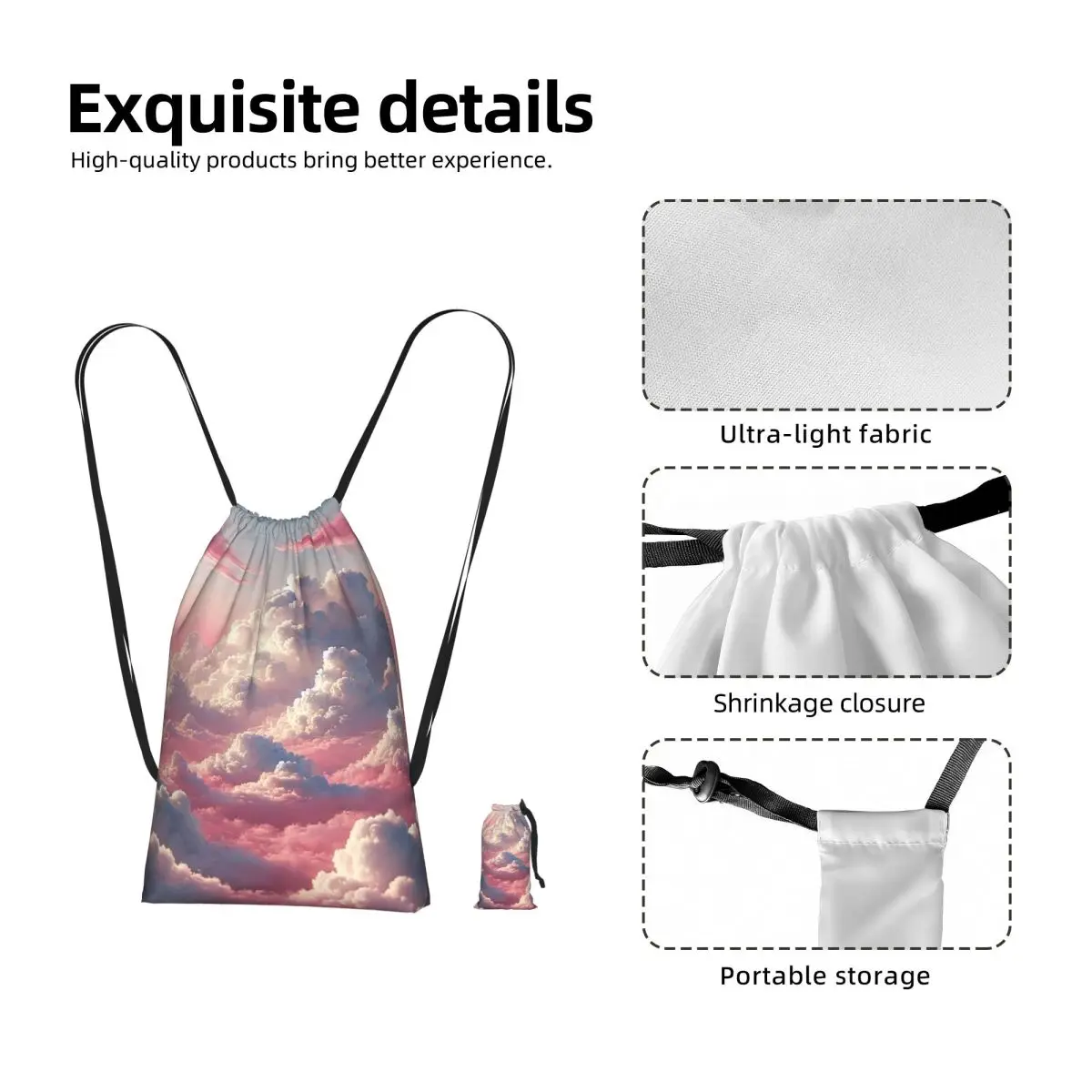 Pink Clouds Sky Large Sunset Glow Drawstring Backpack hiking cycling Bag Lightweight Foldable Storage Drawstring Bag Men Women
