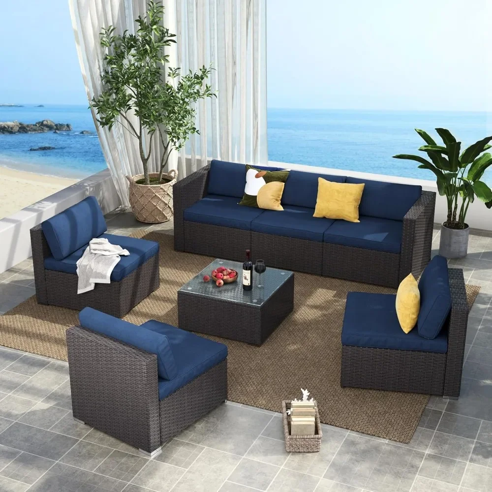 Blue PE Wicker Outdoor Furniture Set with Washable Cushions & Glass Coffee，7pcs Patio Conversation Set, Sectional Sofa Couch