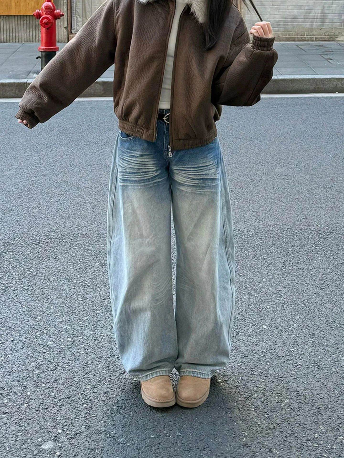 plus Size American Retro Casual Denim Jeans Women's Autumn Winter New Sle Pear ape Light Colored Straight Leg Pants