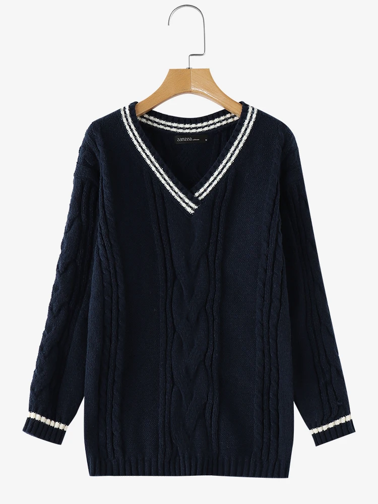 Stylowe damskie swetry ZANZEA zimowe jesienne swetry z dekoltem w serek, dzianinowe pulowery z długim rękawem, modne swetry oversize z patchworkiem 2025