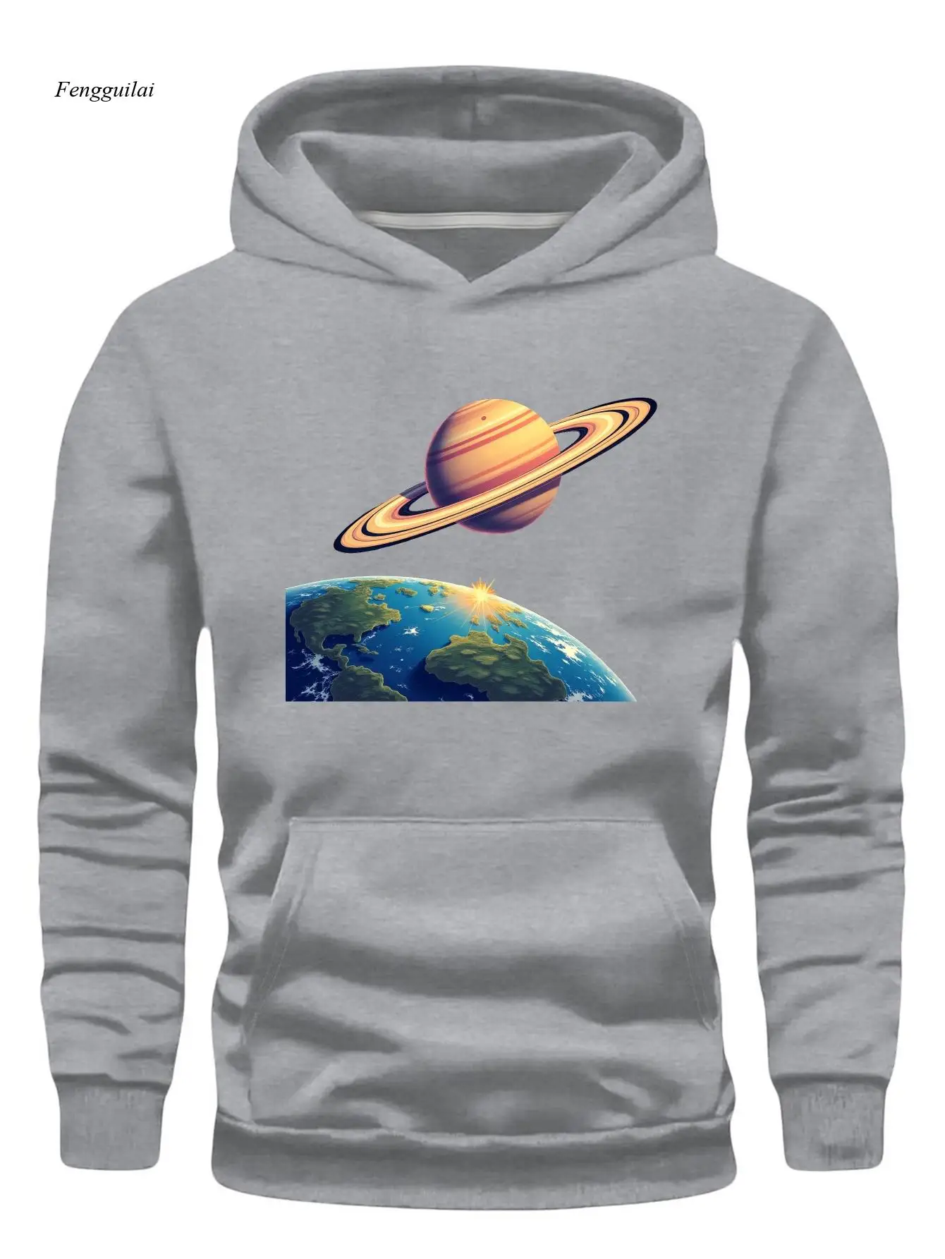 Hoodie - Black Space Theme Pullover with SATURN & Earth Design, Loose Fit Hooded Sweatshirt for Astronomy Enthusiasts