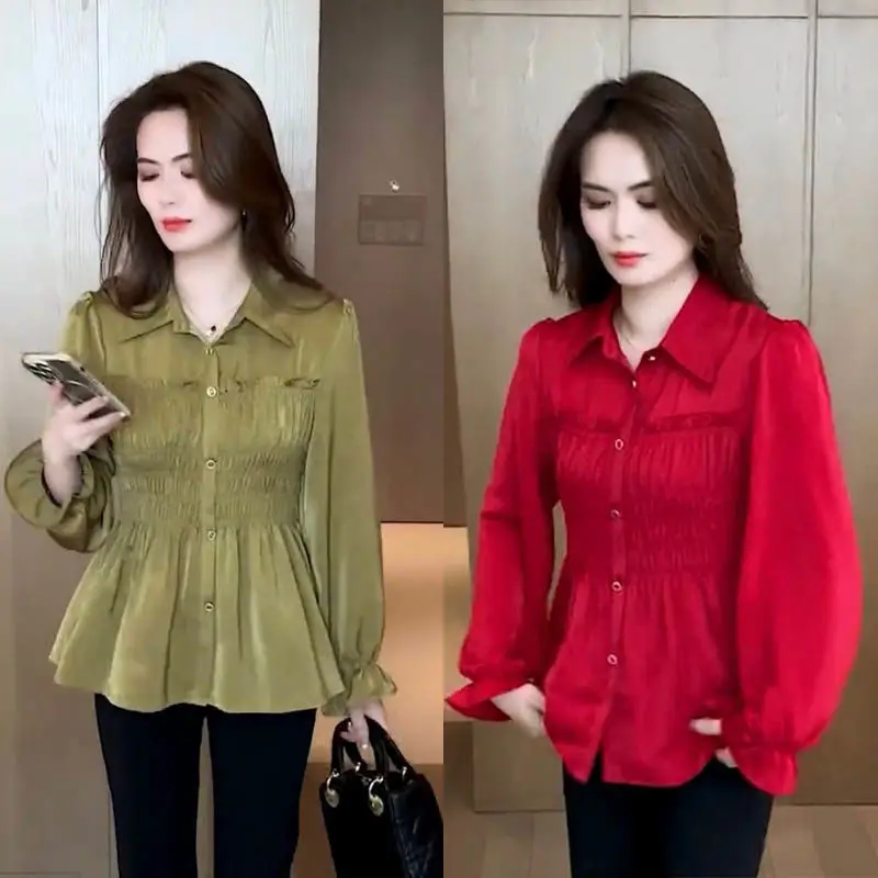 High End Western-style Pleated Shirt New Fashionable and Versatile Slimming and Age Reducing Temperament Long Sleeved Top Small