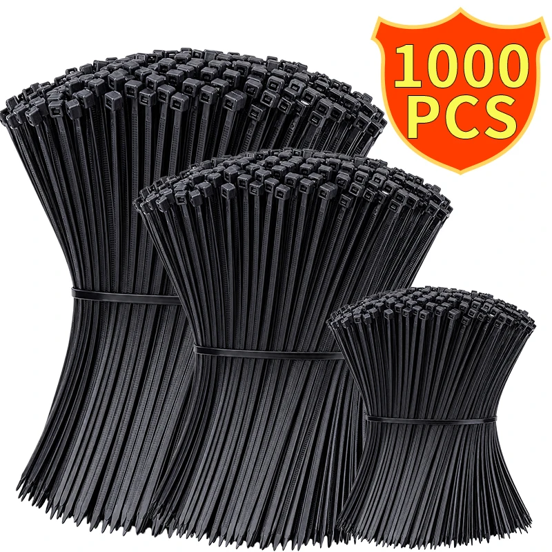 1000 Stück schwarze selbstsichernde Nylon-Kabelbinder, 2,5x200mm, 3x100mm, 3x150mm, DIY-Kabel-Organizer, Befestigungsriemen