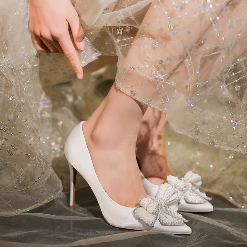 Large Size 32-43 White Wedding Shoes Women Thin Heel Pointed Satin Pearls Bow Bridesmaid High Heels Dress Shoes