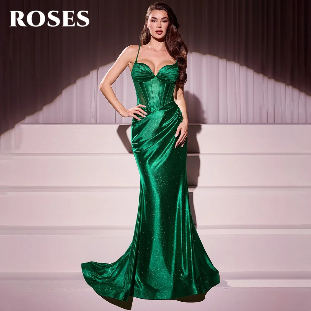 

ROSES Green Elegant Prom Dresses Sweetheart Spaghetti Straps Prom Gown with Fishbone Shiny Satin Formal Gown 프롬 드레스 Customized