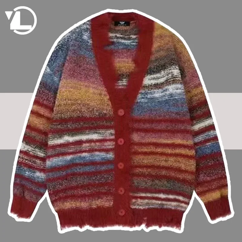 

Vintage Stripe Knitted Cardigan Sweater Men Women Gradient Loose Jumpers Unisex Hip Hop High Street Sweaters Autumn Jackets New