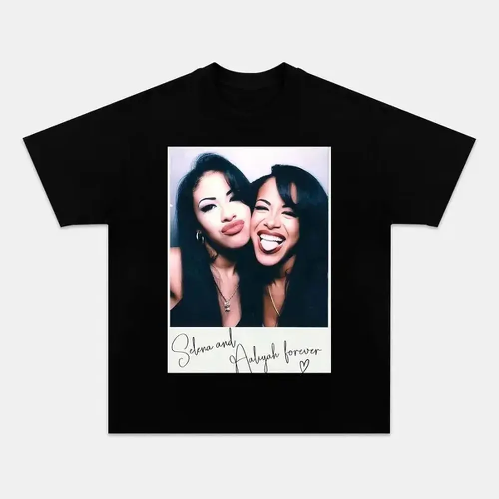 Men's Casual Streetwear T-Shirt with Selena & Aaliyah Retro Graphic, 100% Cotton Short Sleeve Distressed Top, Shortsleeve, Menswear, Vintage, Cotton Fabric
