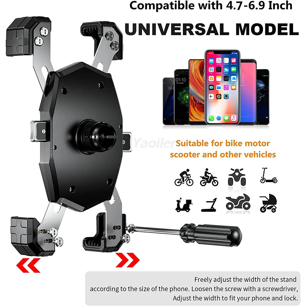 دراجة نارية شوكة الجذعية الهاتف جبل مع Qi 15 واط شاحن لاسلكي USB C 20 واط شحن سريع ميناء واحد دفع قفل حامل هاتف المقود