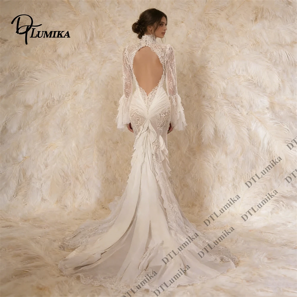 

Illusion Lace Mermaid Wedding Dress, Long Sleeve Bridal Gown with Tied Waist & Ruffled Sleeves for Evening Wedding Banquet