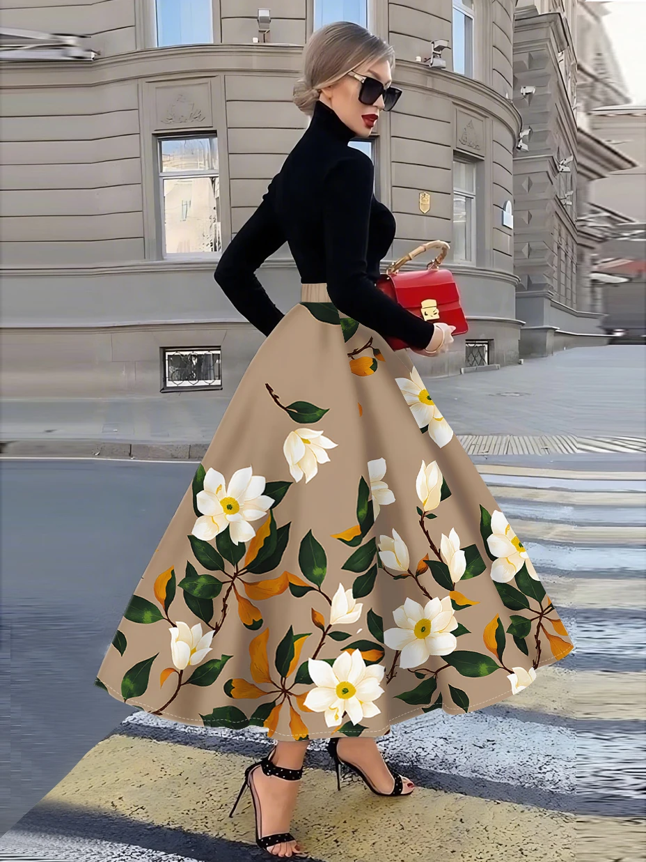 Printed Design Four season casual style white flowers, green leaves, brown background  half skirt