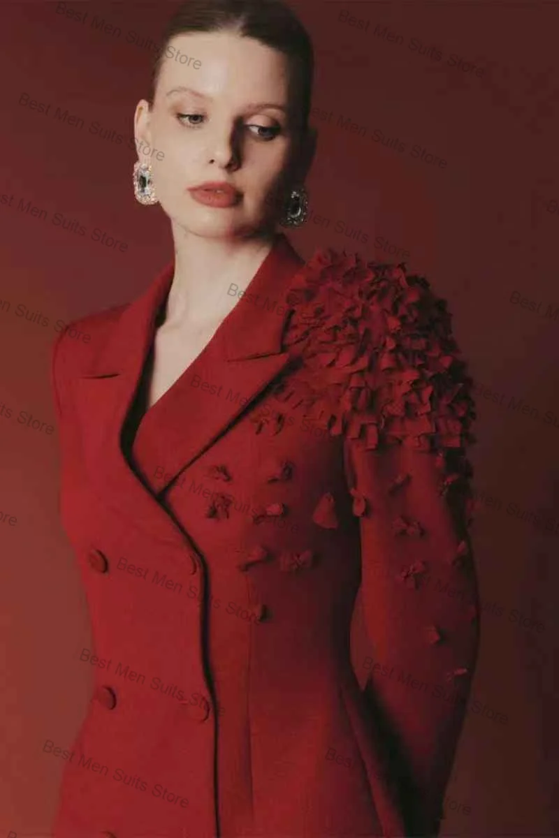 الأحمر المرأة البدلة فستان أطفال مع سروال داخلي 2 قطعة السترة + بنطلون زهرة زين مكتب رسمي سترة مخصصة الزفاف البدلات الرسمية معطف القطن #3