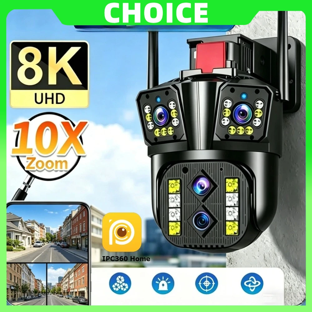 IPC360 Home 8K 16MP WiFi Camera 10X Optical Zoom Four Lens Three Screen Surveillance Cam Auto Tracking Outdoor 360° IP Cam