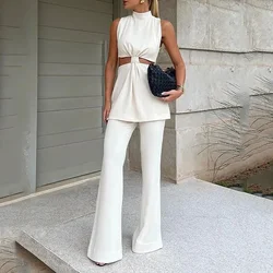 Women Two Piece Sets Pant Set Sexy Slim Fit Hollow Out Round Neck Sleeveless Solid Tops Wide Leg Long Pants Elegant Splice