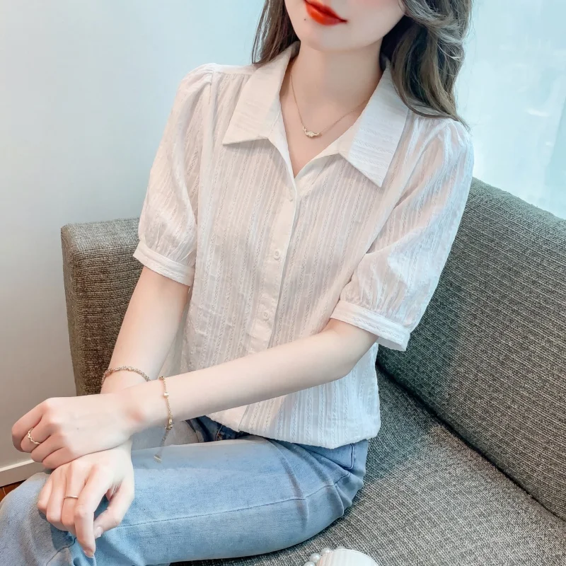 Professional White Cotton Shirt Women's Short Sleeve Versatile Pure Cotton Top for Summer 2026 Casual Style Floral Embroidery