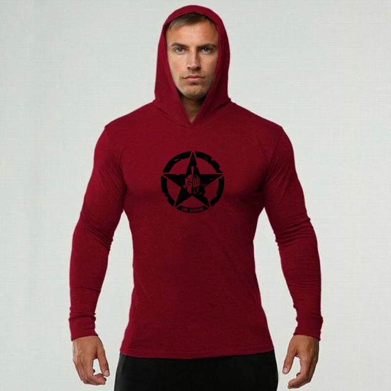 Men\'s Fashion Sportswear Fitness Hooded T-Shirt Mens Long Sleeve Bodybuilding Tee Shirt Man Gym Jogger Sweatshirt Workout Tshirt