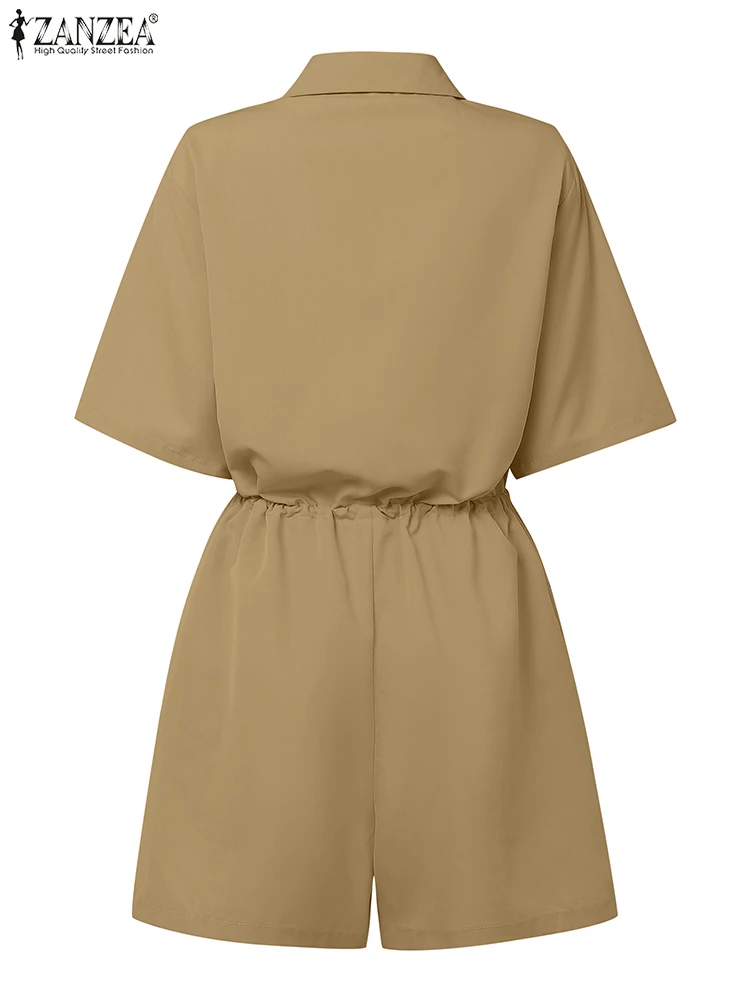 ZANZEA Women Fashion Work Wear Rompers Casual Turn-Down Collar Half Sleeve Drawstring Waisted Cargo Shorts Overalls Playsuits