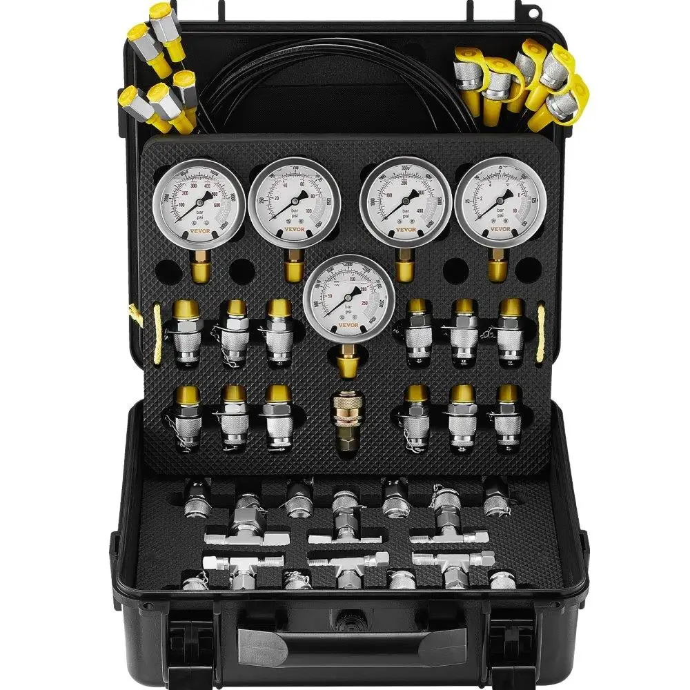 

Hydraulic Pressure Test Kit, 10/100/250/400/600bar, 5 Gauges 13 Couplings 14 Tee Connectors 5 Test Hoses, for excavator