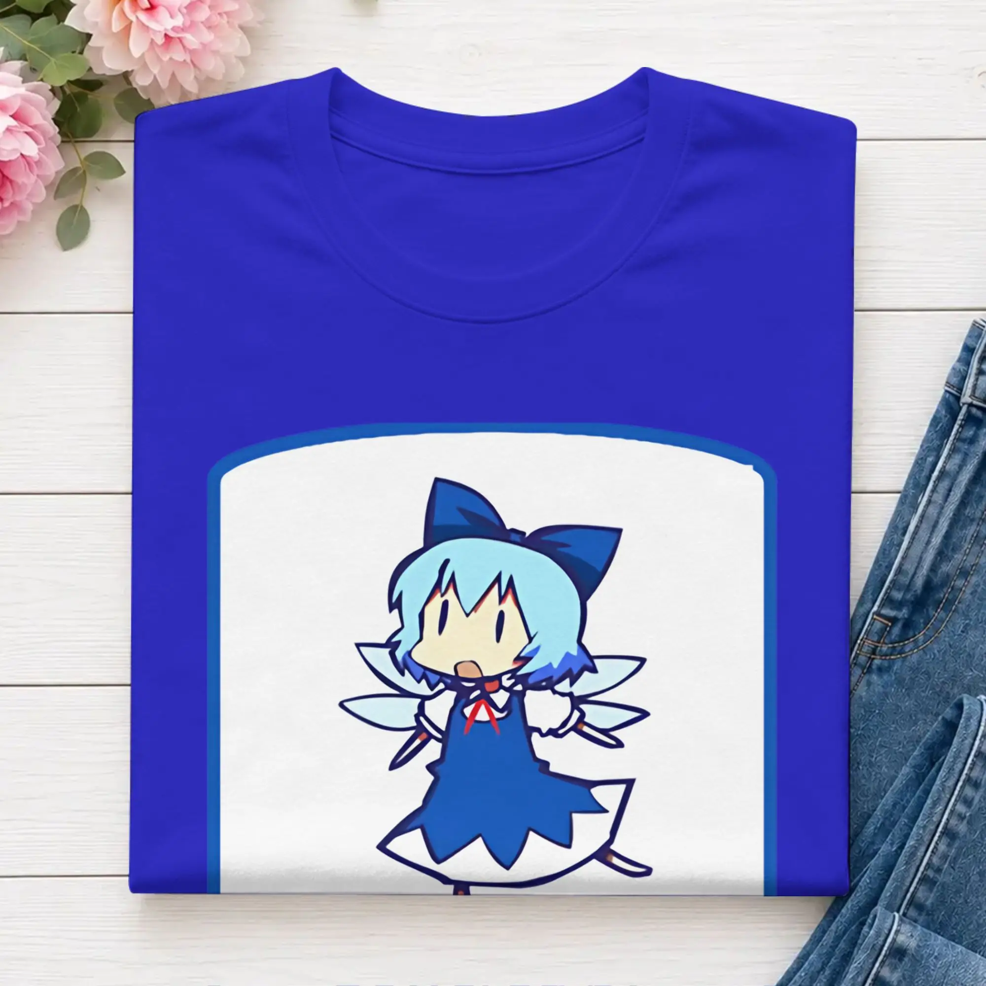 Casual Powered By Cirno Touhou Meme  T-Shirt for Men Crew Neck Cotton T Shirts Touhou Project Short Sleeve Tees Gift Idea Tops