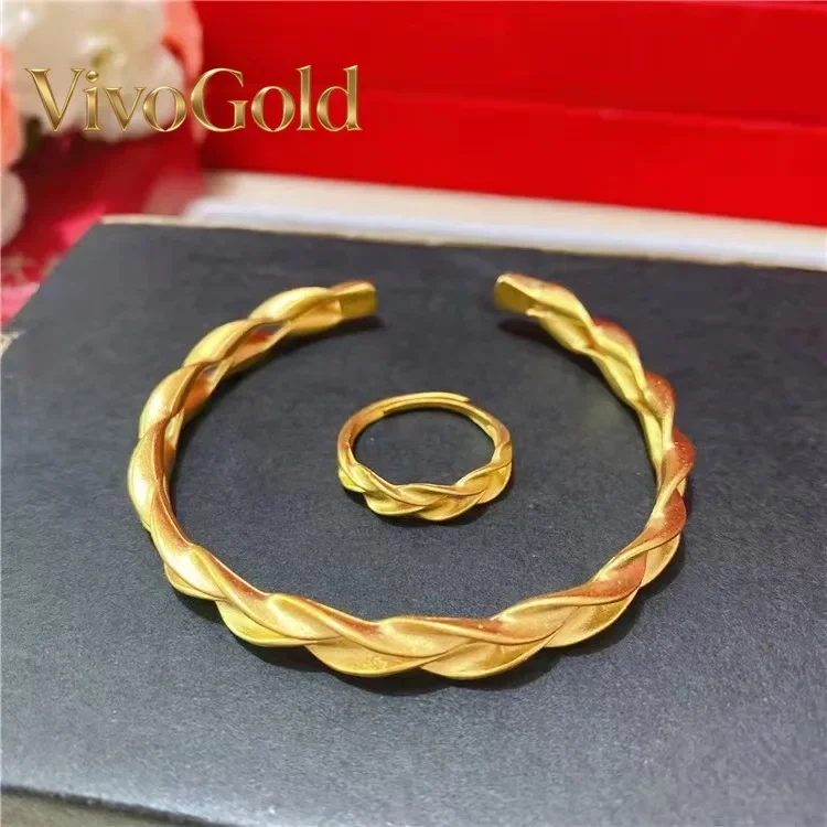 

VivoGold24K gold wheat ear matte open bracelet 9999 real gold wheat ear matte ring bracelet set women's jewelry
