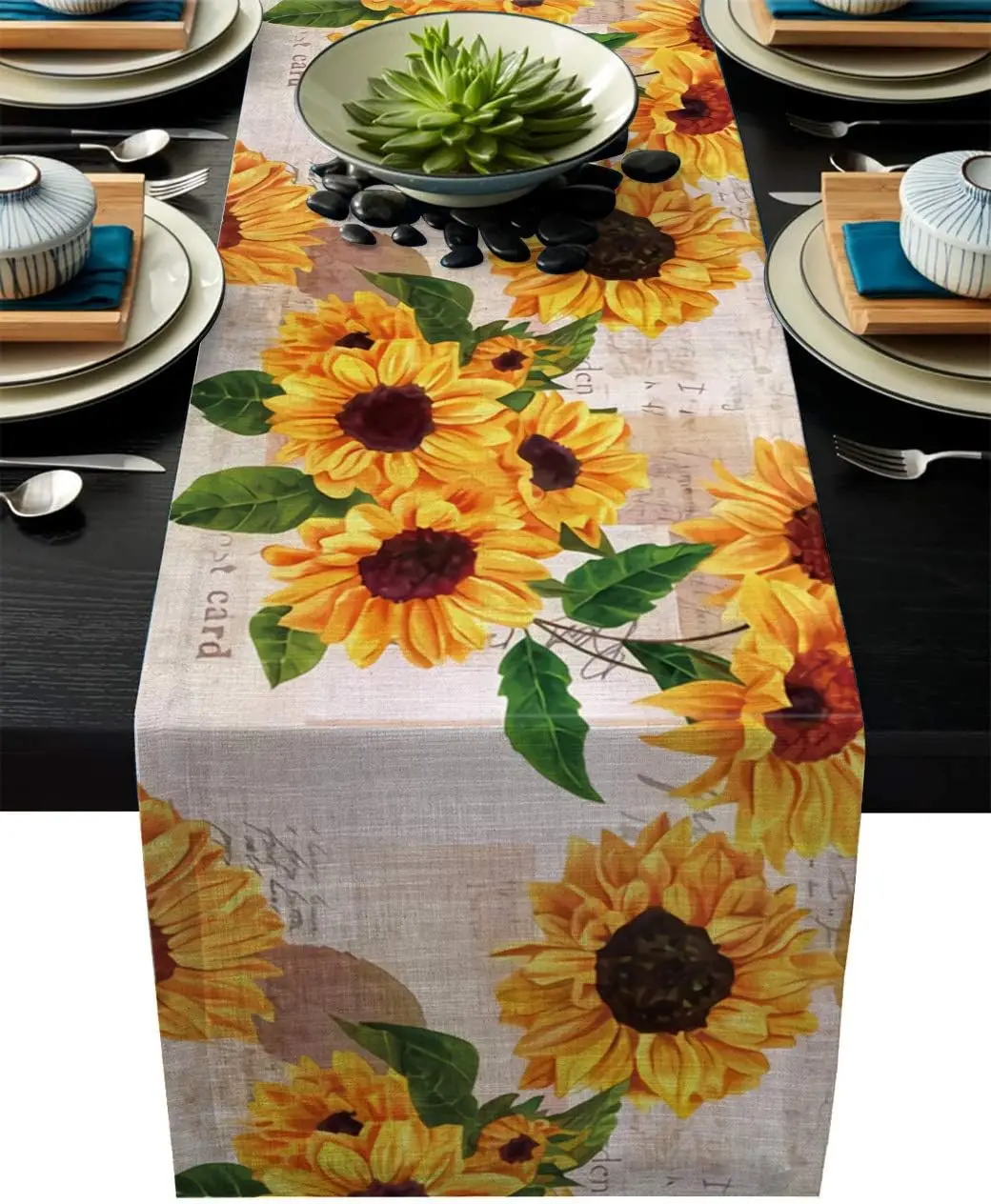 Sunflower Linen Table Runner Spring Flowers Dresser Scarf Table Runner Kitchen Family Dinner Banquet Wedding Holiday Party Decor