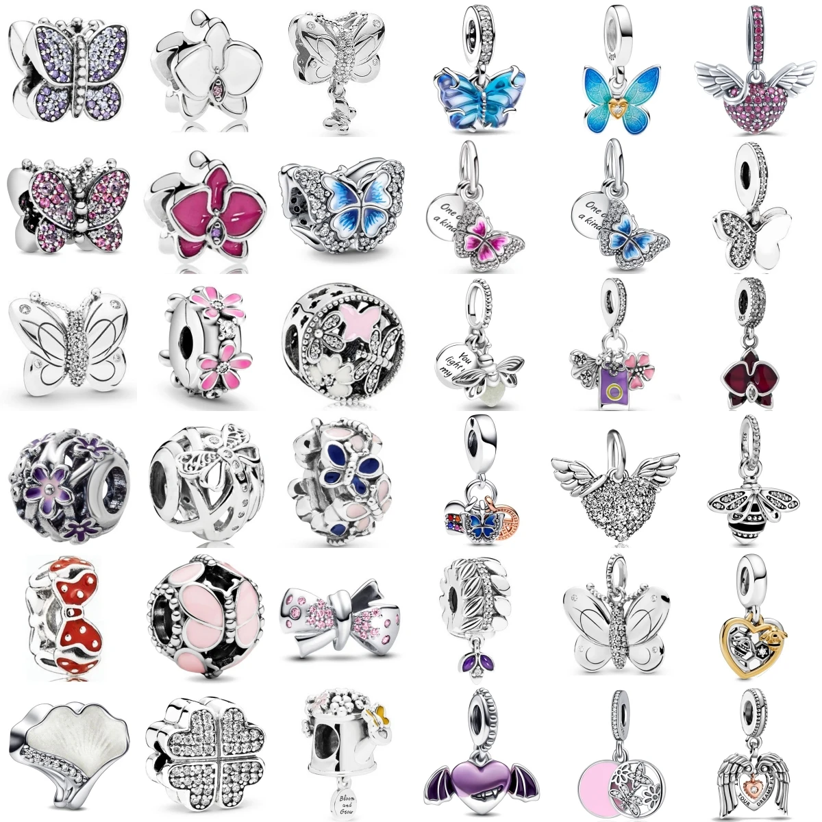 

925 Sterling Silver Pink Butterfly And Ginkgo Biloba Leaf Dangle Charms Fit Original Bracelet Women Fine DIY Jewelry Gifts