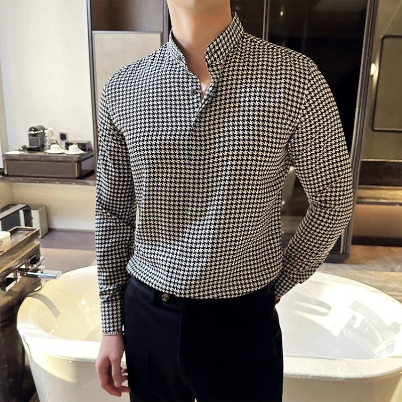 

Brand Plaid Stand Collar Shirt for Men Long Sleeve Slim Fit Casual Shirts Office Social Formal Shirt Streetwear Men Clothing