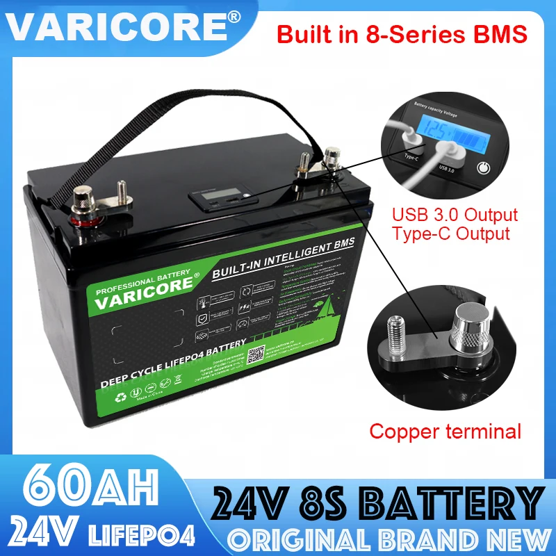 VariCore 24 فولت 60 أمبير LiFePO4 بطارية 8s ليثيوم فوسفات الحديد مع BMS لقارب سيارة أخف عربة جولف على الطرق الوعرة خالية من الضرائب