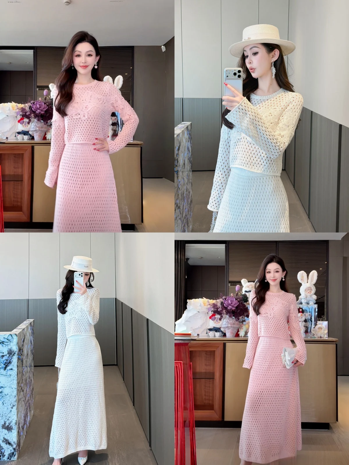 

Yuxiao Xiao Dream Rose Cotton Knitwear Hollow out round Neck Sweater Skirt Set Women's Fashion Spring Collection