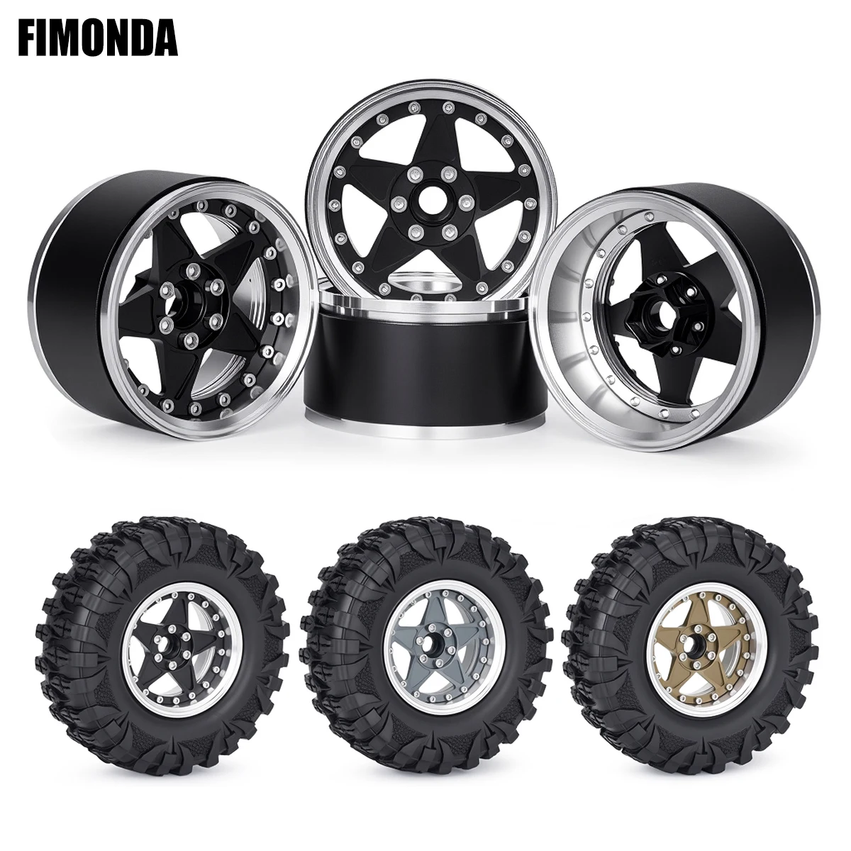 4Pcs 2.2 Inch CNC Aluminum Beadlock Wheel Rims & Rubber Tires for 1/10 RC Crawler Axial SCX10 D90 Wraith TRX4 TRX6 Upgrade Parts
