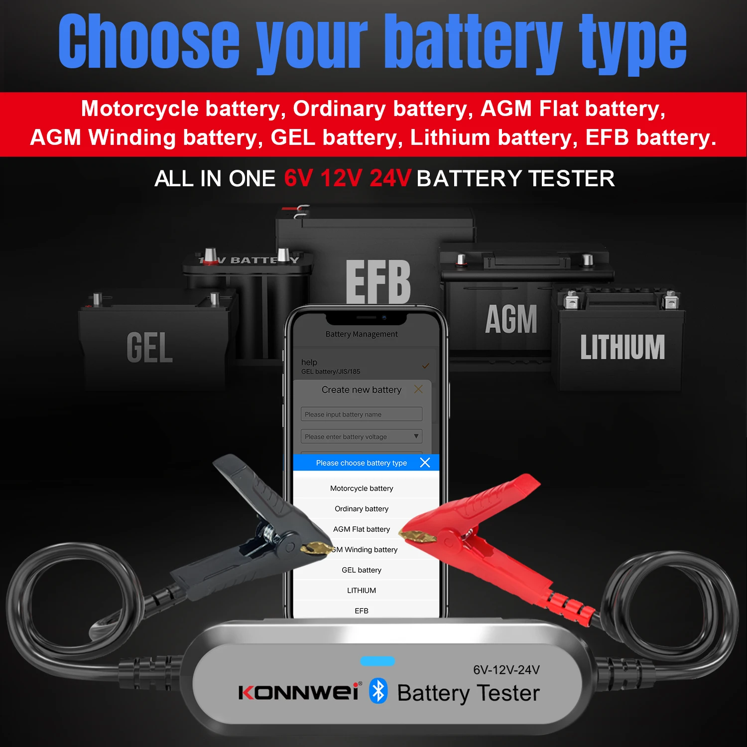 2026 KONNWEI BK200 Car Wireless Battery Tester Bluetooth 5.0 Waveform Monitor 6V 12V 24V 100-2000CCA Charging Cranking Test Tool