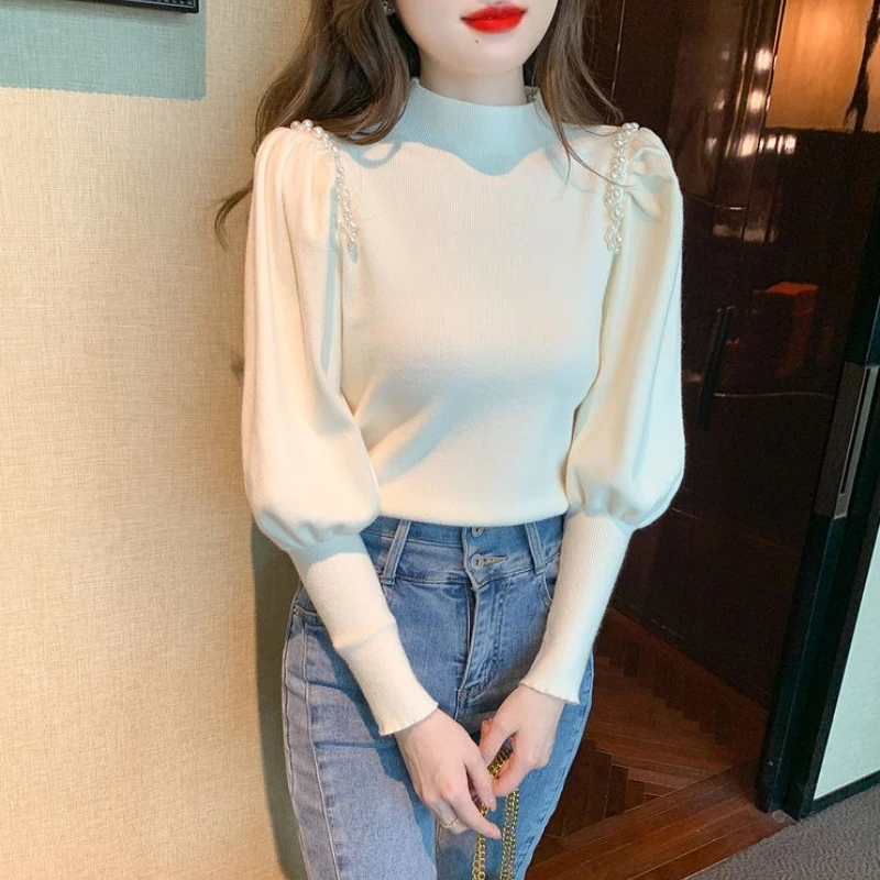 Gestrickte Pullover für Frauen, schmale Passform, halbhoher Kragen, weiblicher Pullover im koreanischen Stil, originelle Kleidung, alles günstig