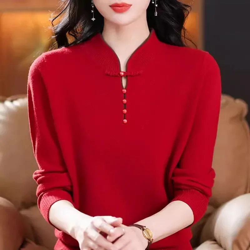 Chinese Style Middle Aged Women Green Qipao Collar Wool Knit Sweater Slim Warm Long Sleeve Undershirt Autumn Winter S 4XL view 4