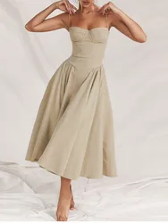 Elegant Vintage Solid Dress For Women Fashion Sexy Dresses Streetwear Slim Midi 2025 New Spring Summer Lady Chest Wrap Vestidos