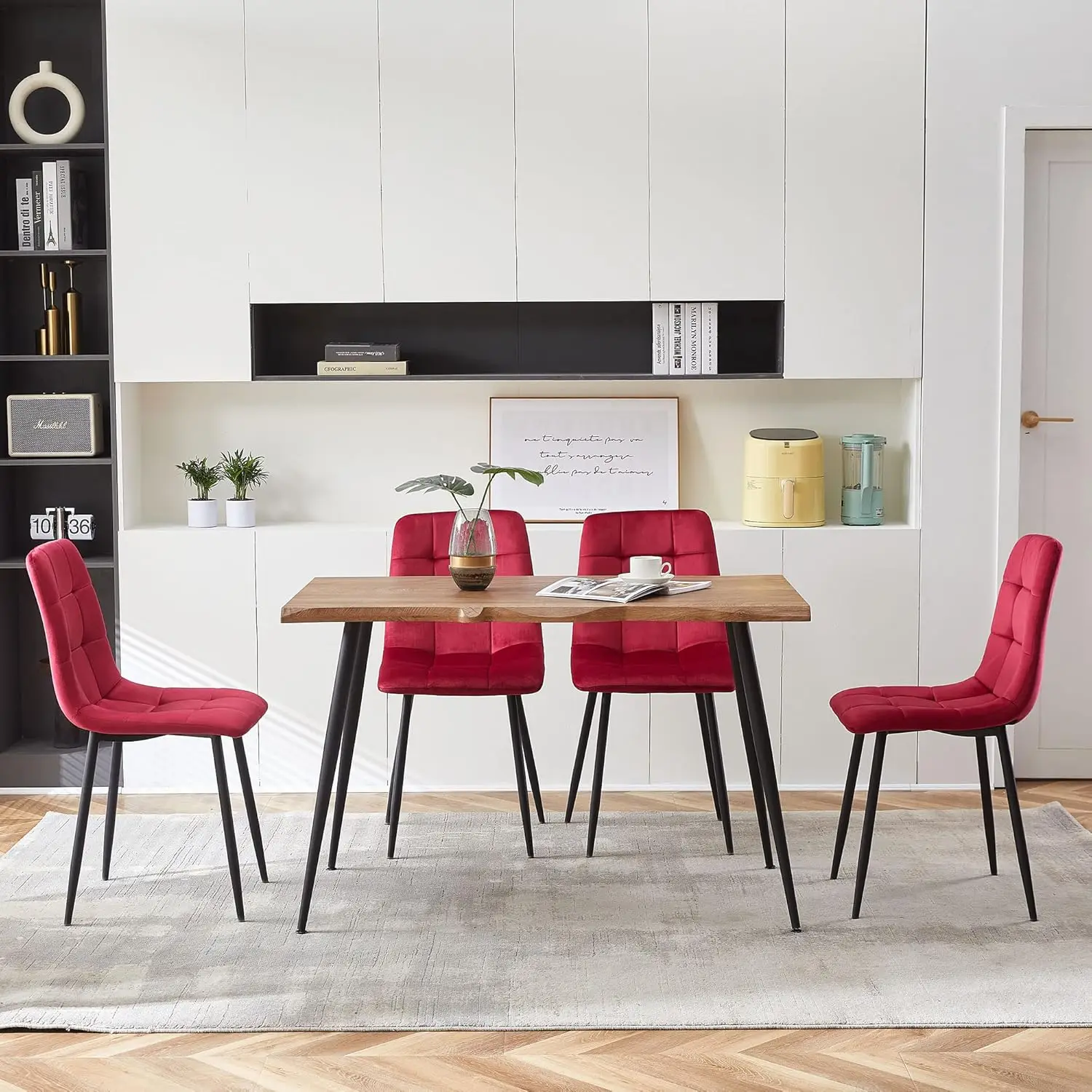 5-Piece Dining Table Set, 47 in Modern Irregular Rectangle Kitchen Table & 4 Burgundy Velvet Upholstery Side Chairs, Metal Legs