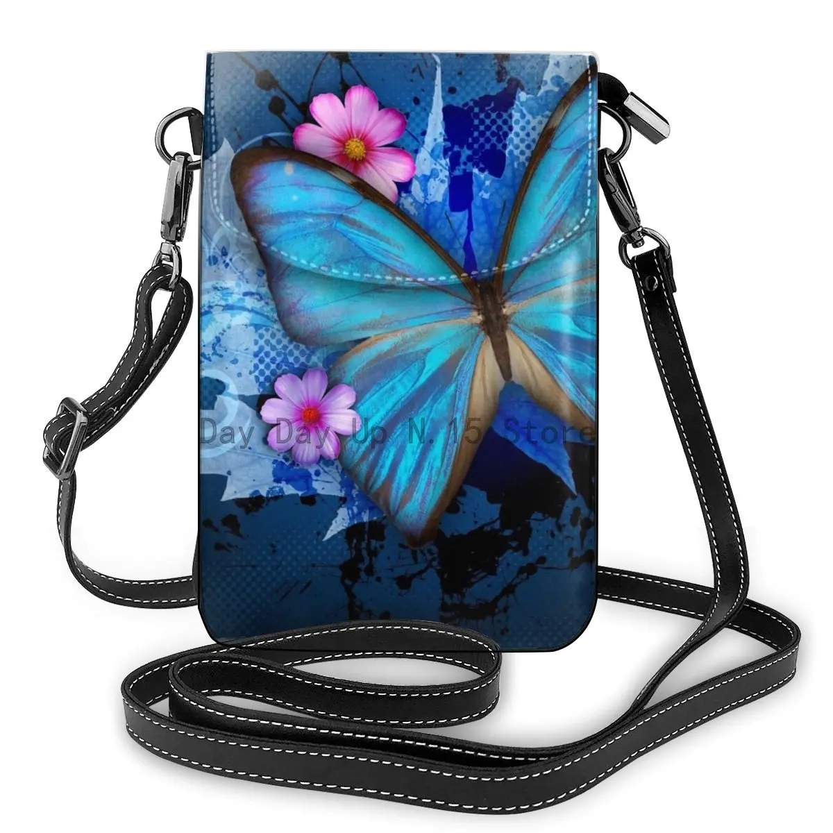 Blue Butterfly Flowers Mini Shoulder Bags Key Money Cell Phone Case Purse Small Wallet Pouches Clutch Handbag Roomy Pockets