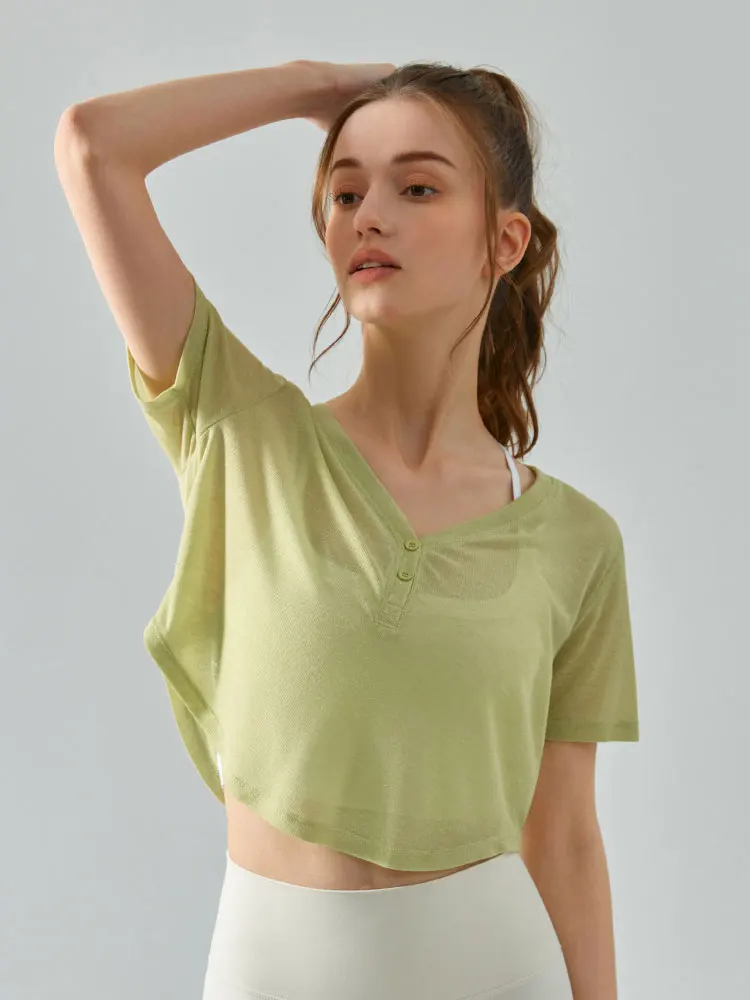 INLUMINE New Summer Women V Neck Button Yoga Blouse Light Thin Solid Color Sports Tops Women Breathable Gym Fitness Short Sleeve