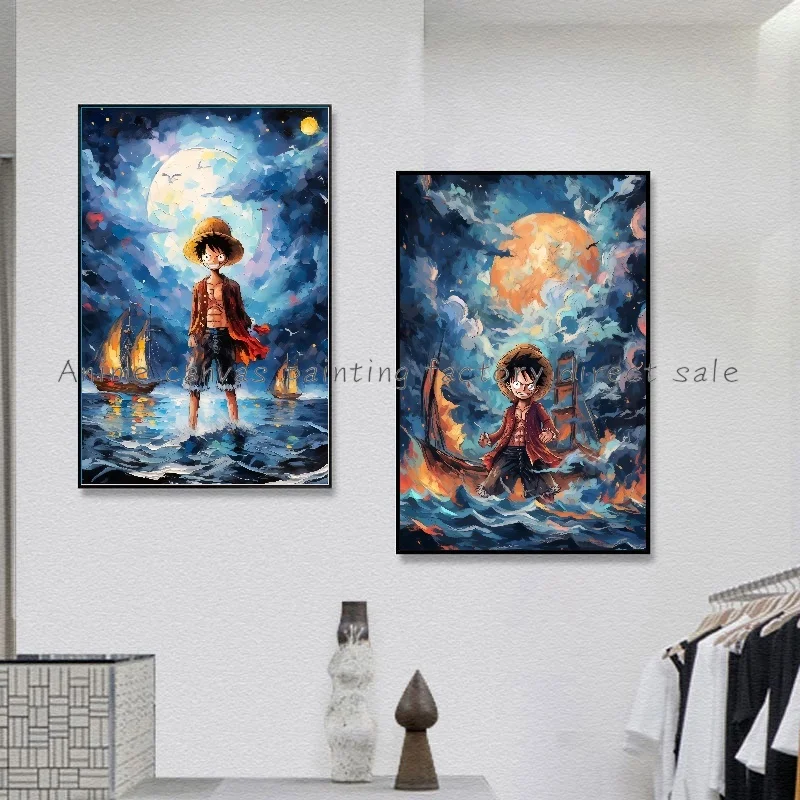 Anime One Piece Luffy Starry Sky Poster Watercolor Canvas Painting and Print Cafe Living Room Wall Art Decoration Painting