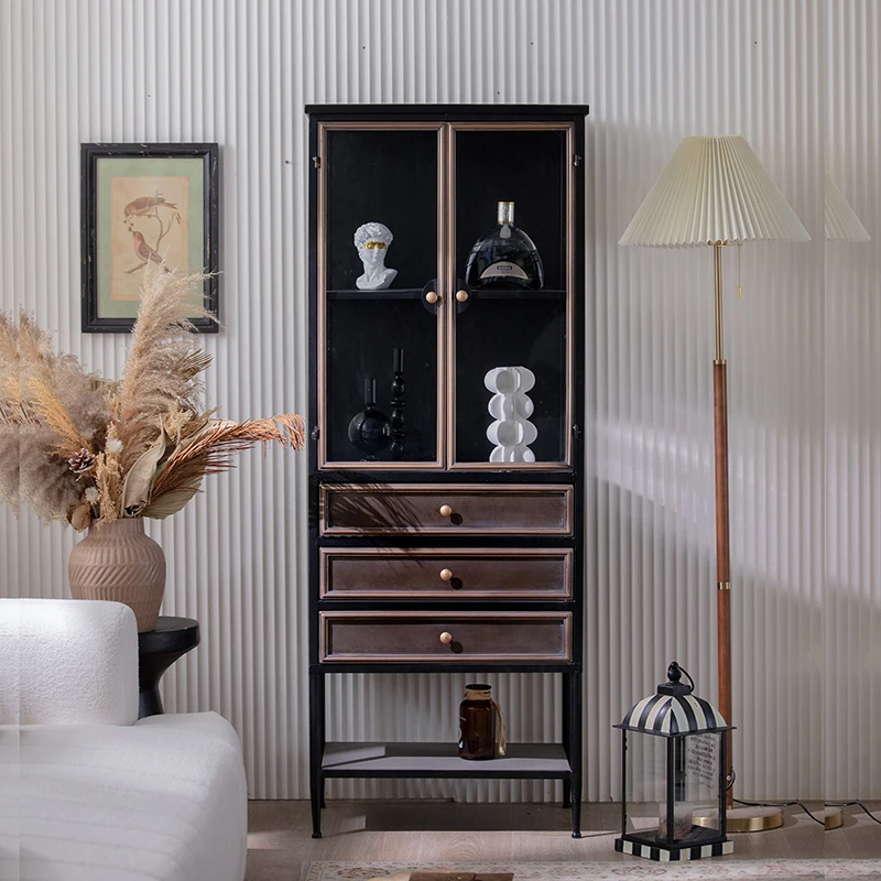 

American retro wine cabinet glass door wrought iron black chest cabinet living room decorative drawer type industrial style