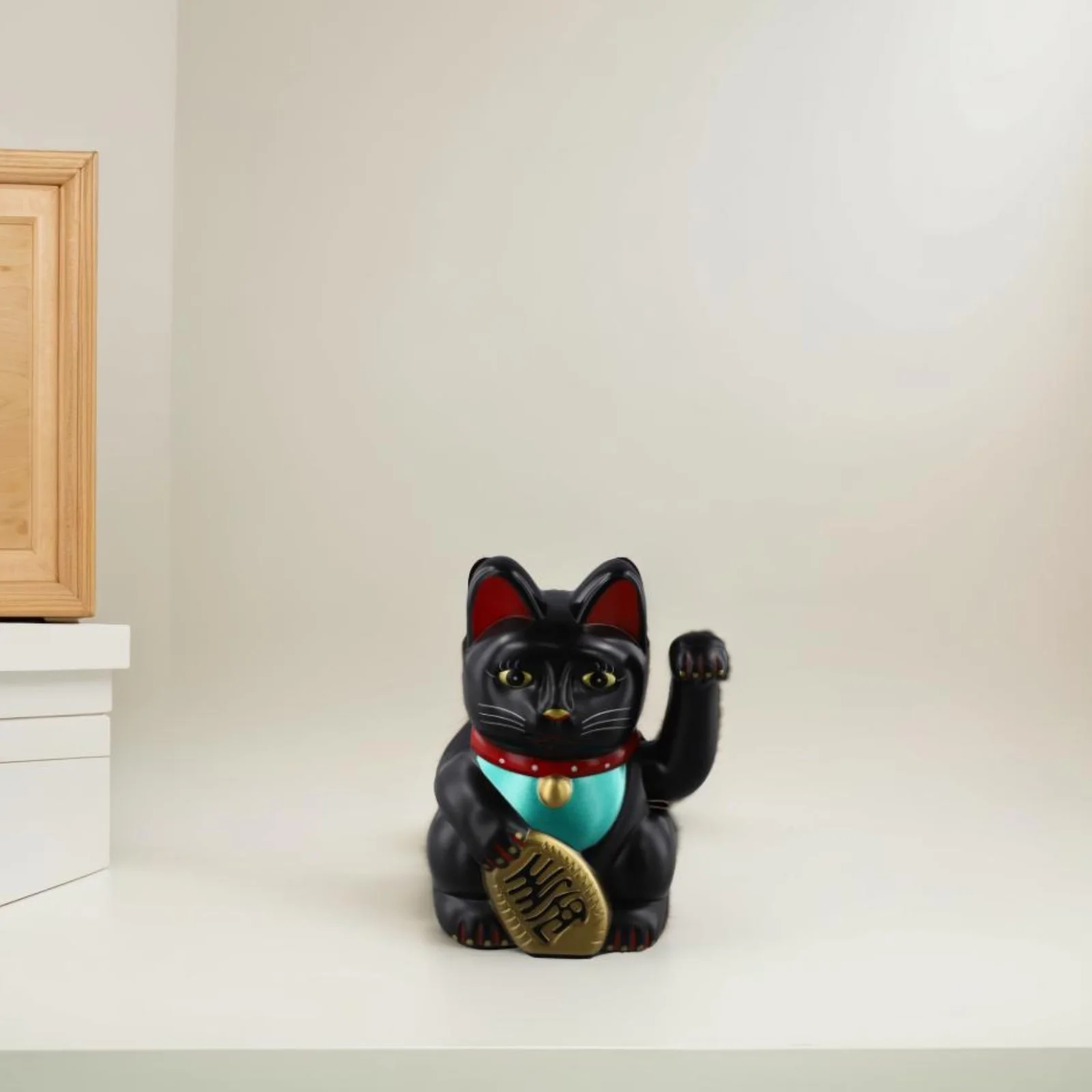 Beckoning Cat Maneki Neko Solar Powered Gold Tone with Left Paw Wave Right Paw Holds Nugget for Business or Home Use