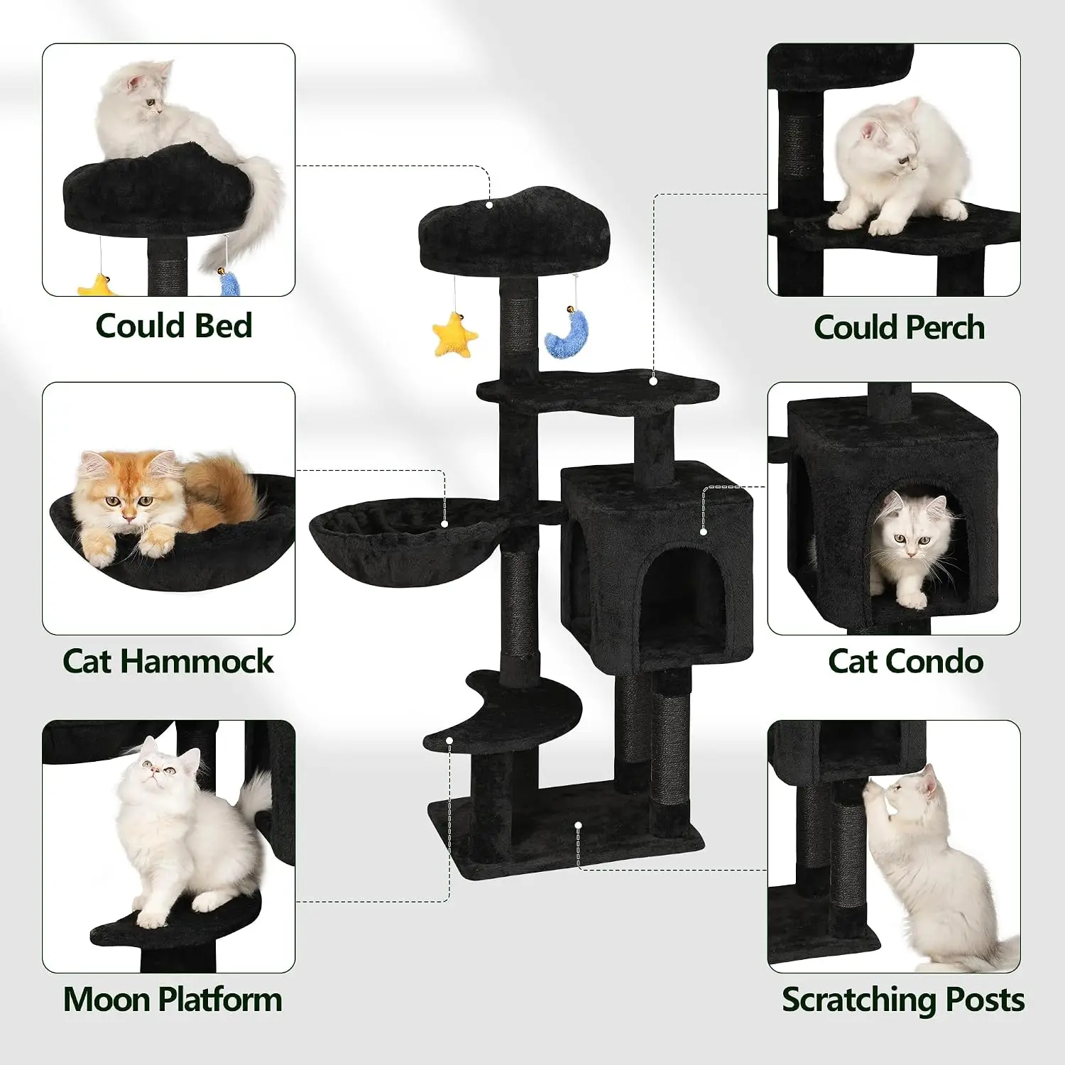 43-Inch Gothic Black Cat Tree Tower for Indoor Kittens & Small Cats Under 6 Months and 9 lbs, Cute Cat Play Tower with Scratching Post, Condos, Cozy Hammock, Unique Perch & Dangling Toy