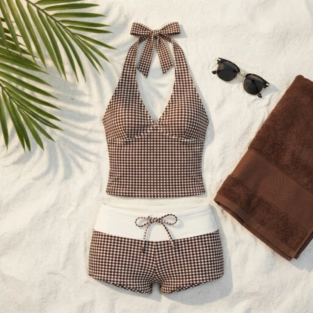 

Стильный комплект бикини из двух частей с лямкой через шею и V-образным вырезом в стиле Y2K, в полоску, облегающий, для пляжа и бассейна