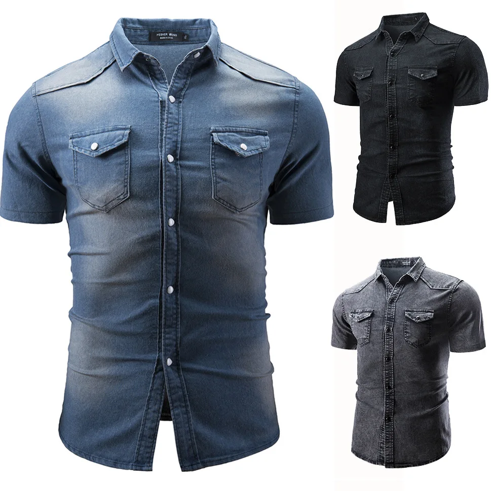 

New Men's Fashion Short Sleeve Denim Shirt Soft Solid Color Slim Fit Cowboy Top for Men