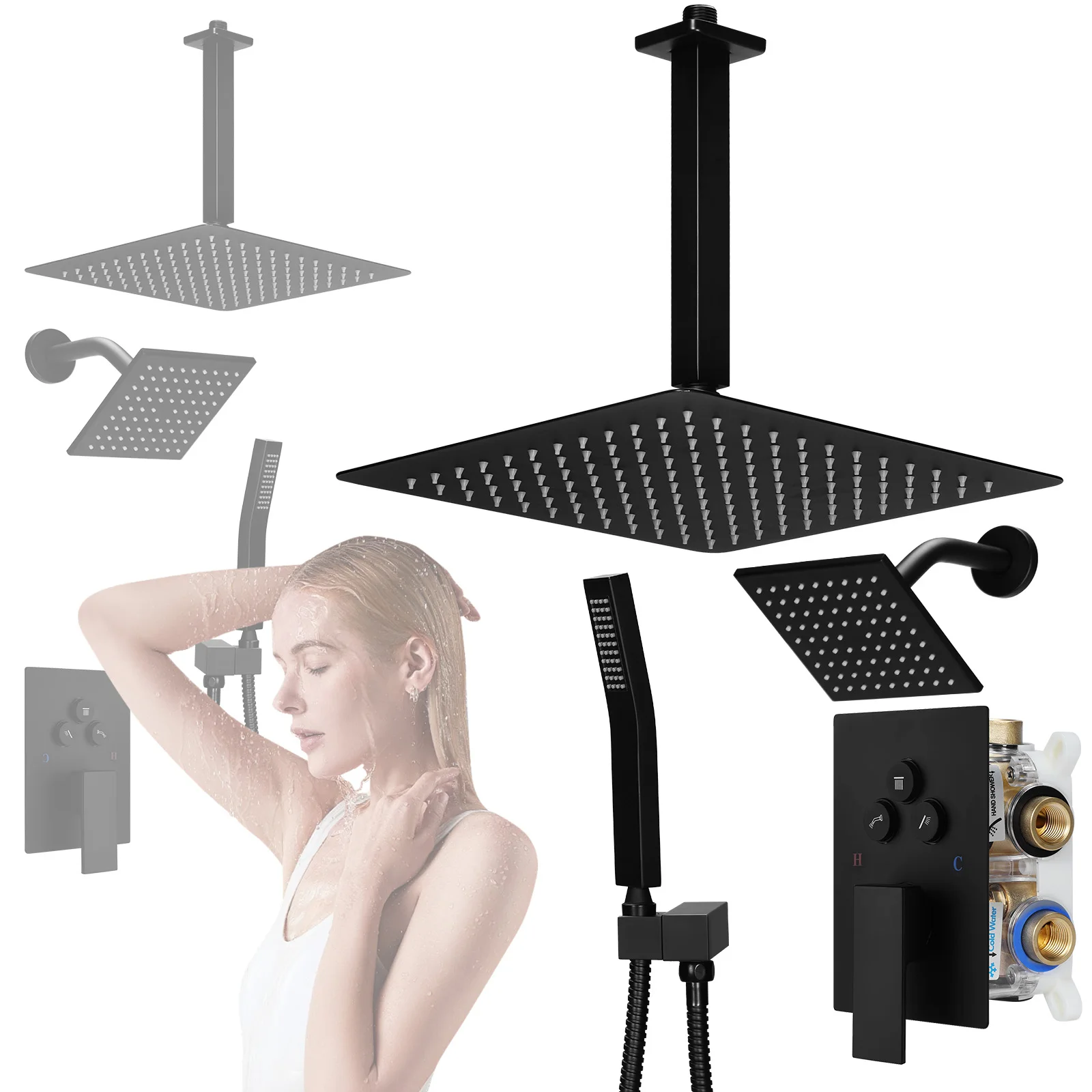 

Shower Trim Kit W/ 12in Ceiling Mount 6in Wall Mount Showers Head Push Button Diverter with 2 in 1 Handheld for Bathroom Hotel