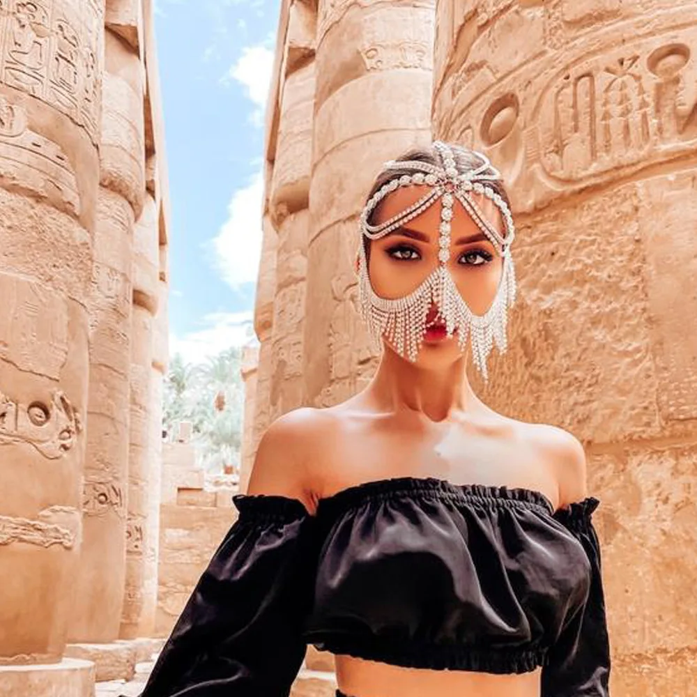 حجر الراين شرابة حفلة تنكرية مجوهرات الوجه للنساء اكسسوارات الوجه حفلة الهالوين مثير قناع سلسلة الديكور حجاب الزفاف