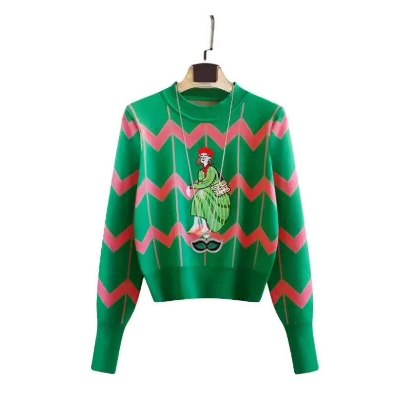 الفرنسية التطريز الترتر متماسكة البلوز سترة ملابس حريمي موضة كم طويل تريكو القمم البلوز