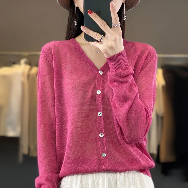 Summer Sunscreen Ice Silk Cardigan Women\'s V-Neck Long Sleeve Loose Knitted Top Solid Transparent Cardigan Air Conditioned Shirt