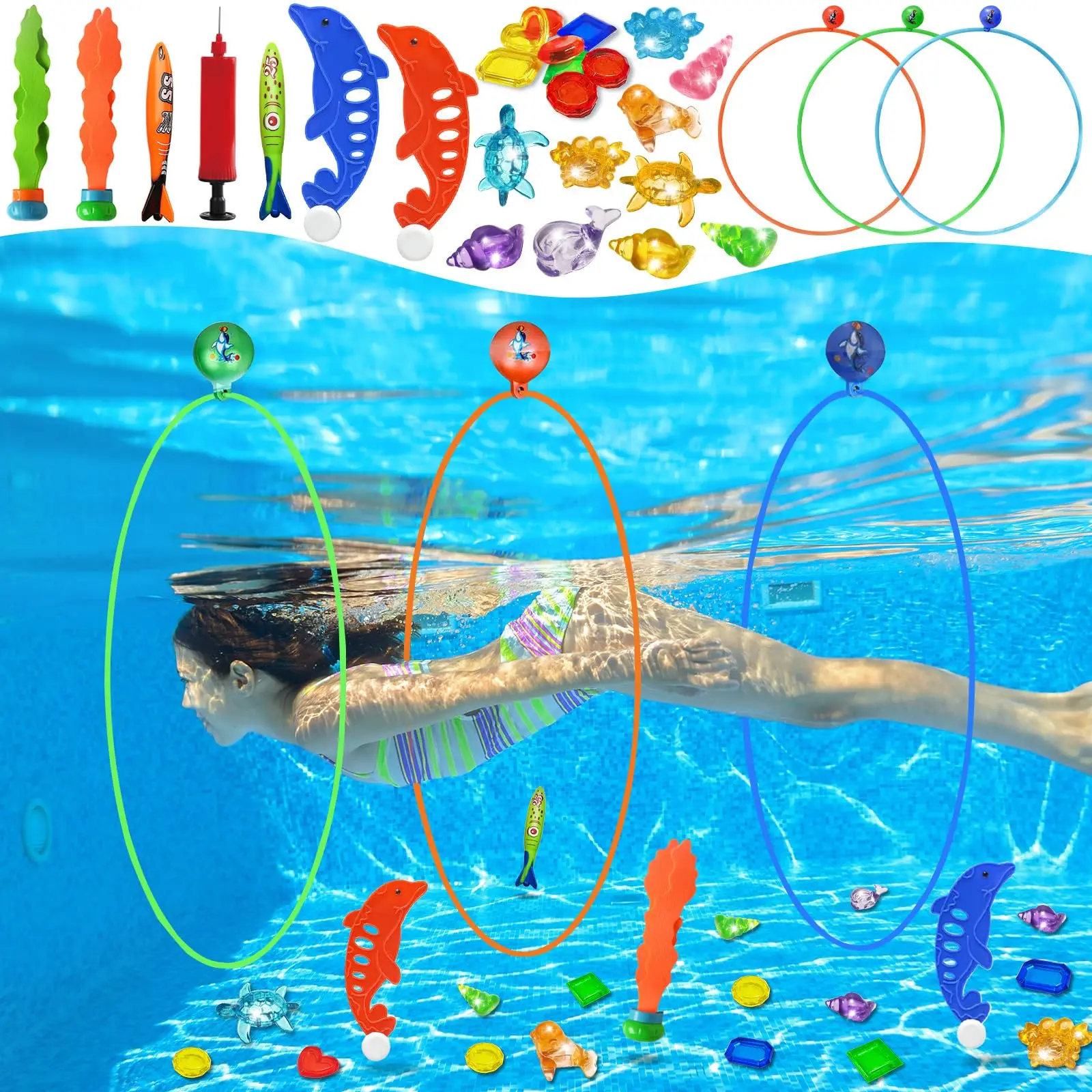 

Pool Toys Diving Rings - 27PCS Swim Thru Rings Pool Game Diving Toys with Dive Ring Underwater Treasures Torpedo Bandits Fish To