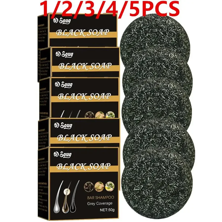 1-5PCS 50g Soap Hair Darkening Shampoo Bar Repair Gray White Hair Color Dye Hair Shampoo Natural Grey Gloss Black Soap