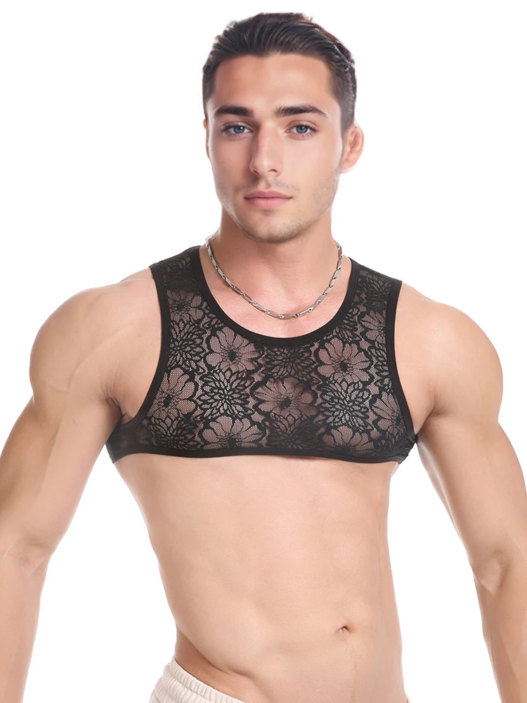 Sexy Spitze durchsichtige transparente Oberteile Männer Spielzeug Fetisch Sissy BDSM Erotische Kostüm Herren-BH Crop Tops Mini ärmellose Westen