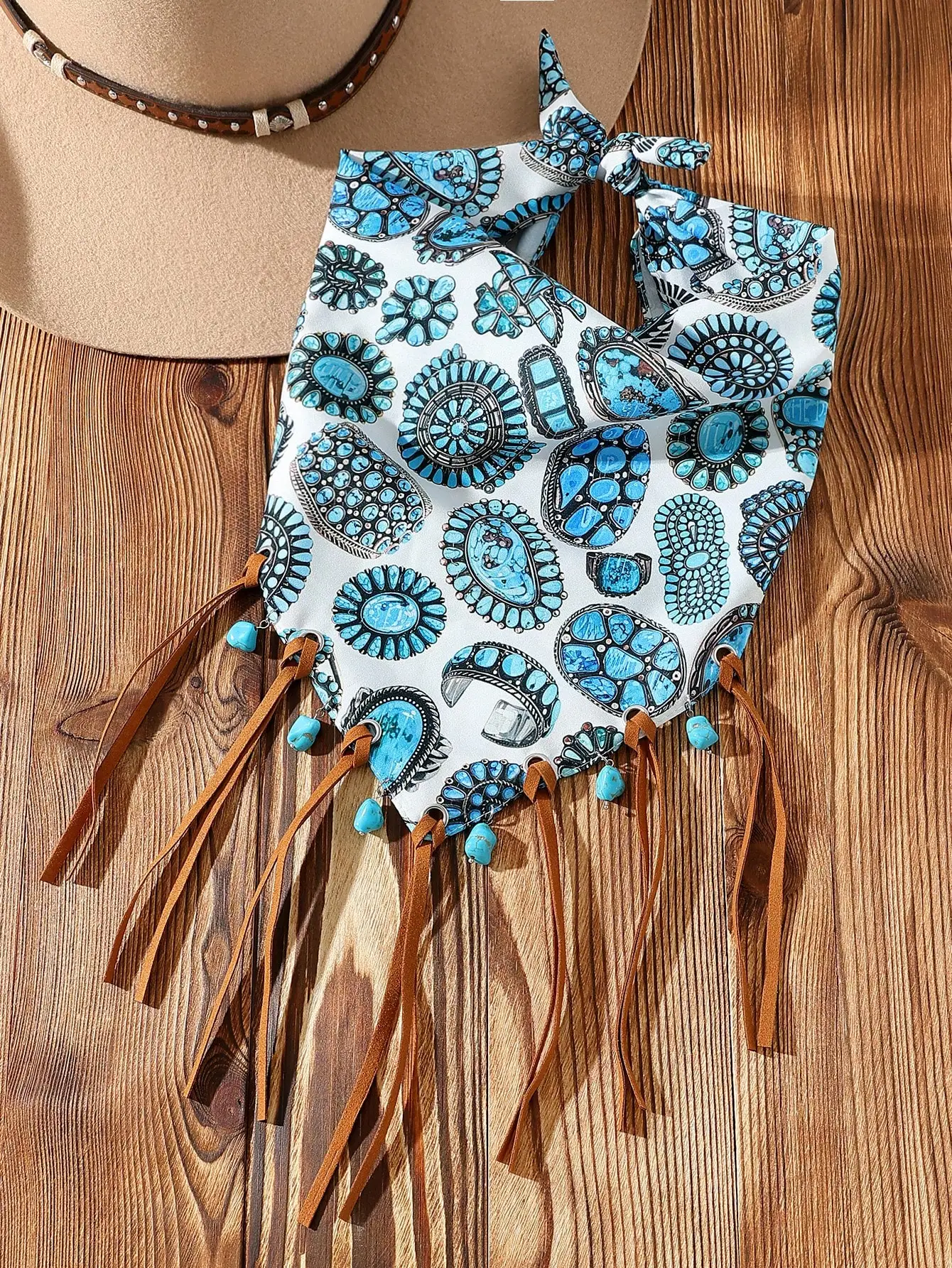 1PC Lady Fashion Western-style denim-style headscarf, square-shaped, turquoise printed headscarf, scarf